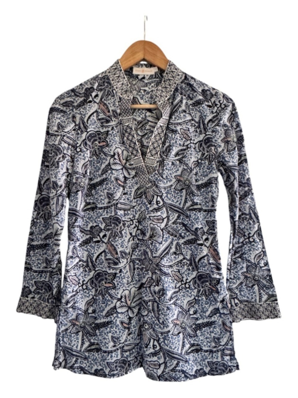 tory burch blue white floral tunic boho cotton blouse